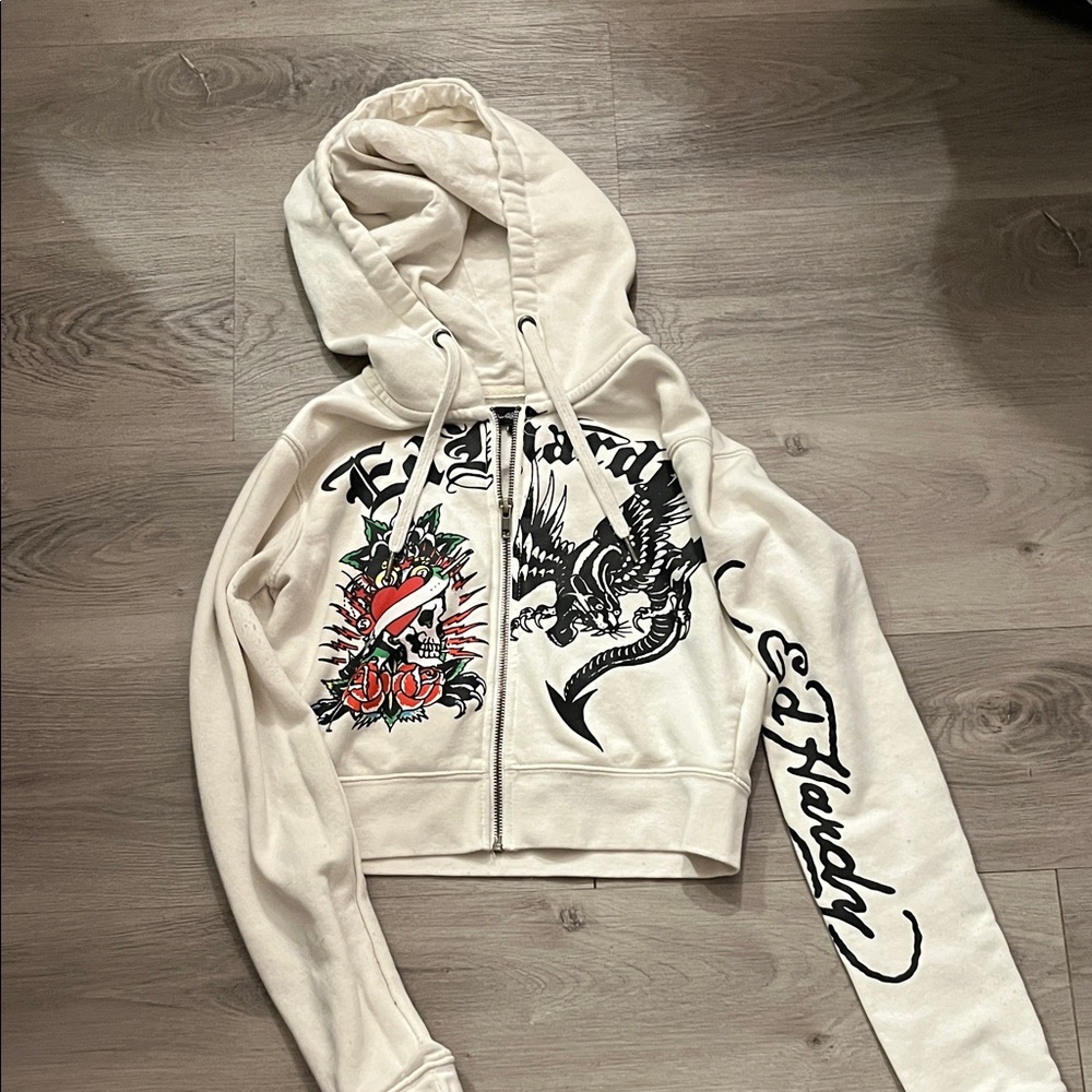 Ed Hardy Cream Zip-Up Hoodie with Graphic Design